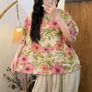 Big Flowers Loose Linen Blouse