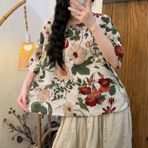 Big Flowers Loose Linen Blouse