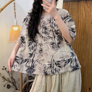 Big Flowers Loose Linen Blouse