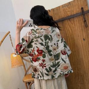 Big Flowers Loose Linen Blouse