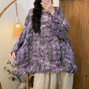 Long Sleeves Ramie Printed Oversized Tunic