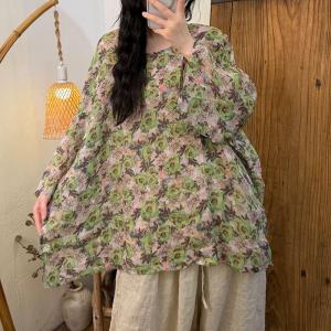Long Sleeves Ramie Printed Oversized Tunic