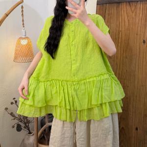 Pop Colors Summer Linen Ruffled Blouse