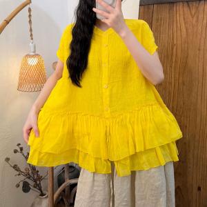 Pop Colors Summer Linen Ruffled Blouse