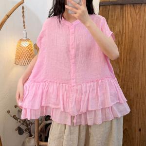 Pop Colors Summer Linen Ruffled Blouse