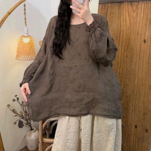 Solid Colors Ramie Puff Sleeves Embroidered Tunic