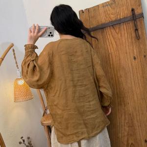 Solid Colors Ramie Puff Sleeves Embroidered Tunic