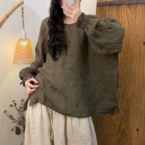 Solid Colors Ramie Puff Sleeves Embroidered Tunic
