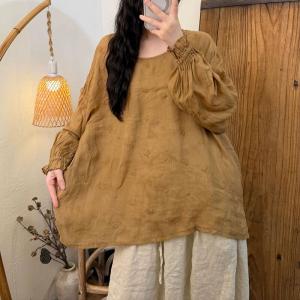 Solid Colors Ramie Puff Sleeves Embroidered Tunic