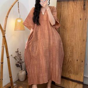 V-Neck Tencel Ramie Comfy Cocoon Dress