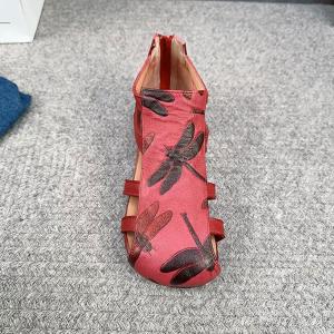 Dragonfly Patterned Gladiator Sandals Back Zip Leather Flats
