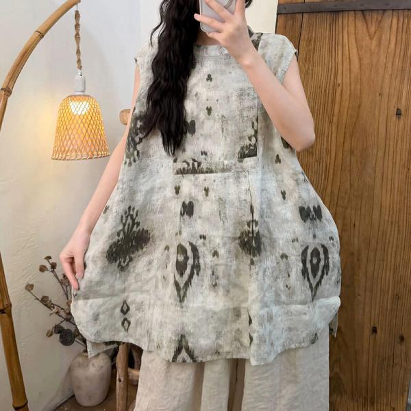 Casual 100% Linen Sleeveless Round Neck Printed #1 #2 comfy normcore tropical slouchy oversized travel resort rustic cottagecore
