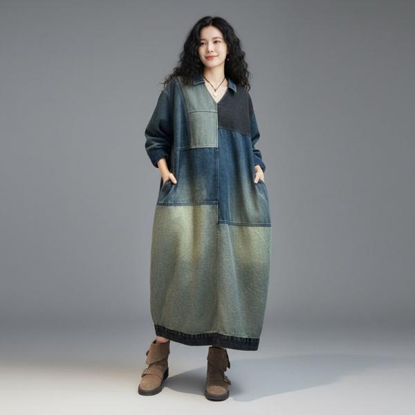 Casual 100% Cotton Ninth Sleeve V-Neck Multi-Color Blue comfy western baggy plus size 90s lazy day slouchy