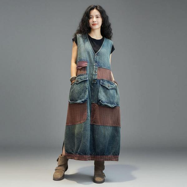 Casual 100% Cotton Sleeveless V-Neck Bicolor Blue Black resort travel oversized plus size comfy western