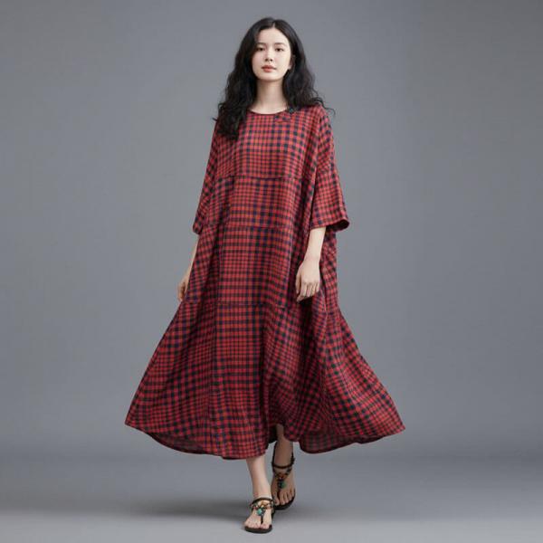 Elegant 45% Cotton+55% Linen Half Sleeve Round Neck Plaid Dark Red Green comfy tropical hawaiian oversized travel resort winery brunch cottagecore rustic