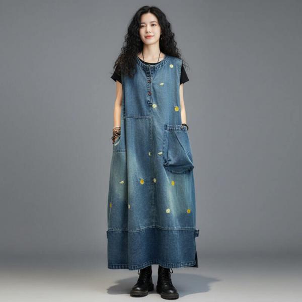 Street 100% Cotton Sleeveless Round Neck Solid Color Blue comfy western petite slouchy lazy day travel resort