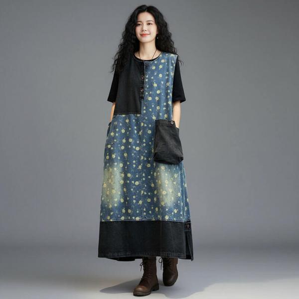 Street 100% Cotton Sleeveless Round Neck Floral Blue comfy western petite oversized lazy day resort travel cottagecore