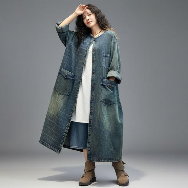 Street 100% Cotton Long Sleeve Round Neck Solid Color Denim Blue comfy western oversized slouchy lazy day resort travel