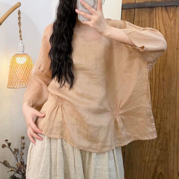 Casual 100% Ramie Ninth Sleeve Round Neck Solid Color Light Green Grapefruit Pink White Watermelon Red comfy tropical hawaiian oversized slouchy lazy day resort travel winery