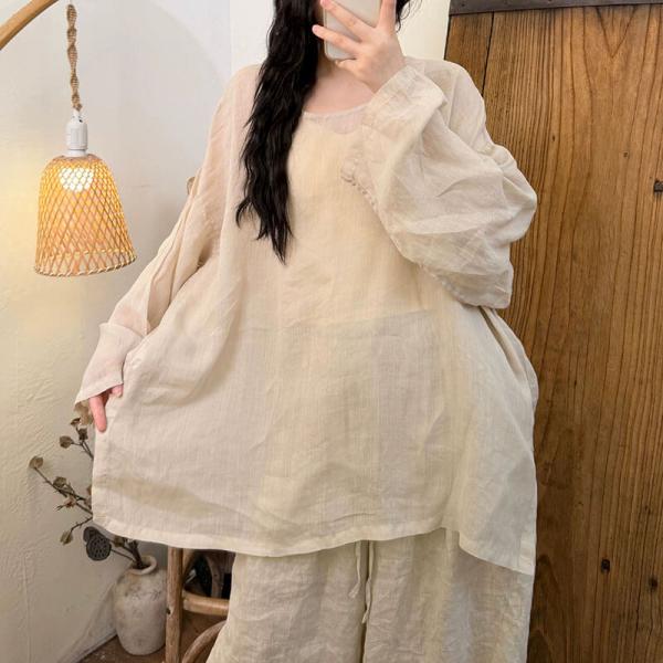 Casual 100% Ramie Long Sleeve Round Neck Solid Color Red Beige Camel Sage Green comfy resort travel lazy day winery oriental