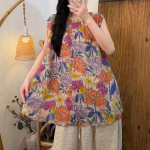 Crew Neck Tropical Prints Ramie Midi Vest