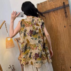 Crew Neck Tropical Prints Ramie Midi Vest