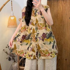 Crew Neck Tropical Prints Ramie Midi Vest