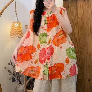 Crew Neck Tropical Prints Ramie Midi Vest
