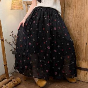 Flowers Patterns Loose Ramie Maxi Flare Skirt