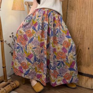 Flowers Patterns Loose Ramie Maxi Flare Skirt