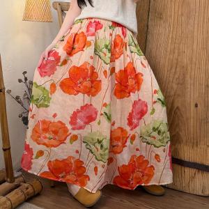 Flowers Patterns Loose Ramie Maxi Flare Skirt