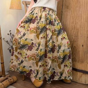 Flowers Patterns Loose Ramie Maxi Flare Skirt
