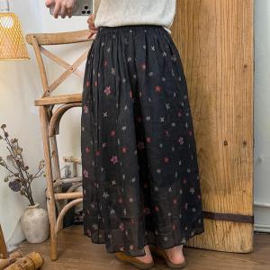 Flowers Patterns Loose Ramie Maxi Flare Skirt