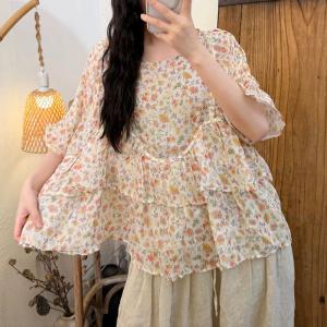 Double Layer Ramie Floral Doll Blouse