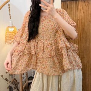Double Layer Ramie Floral Doll Blouse