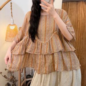 Double Layer Ramie Floral Doll Blouse