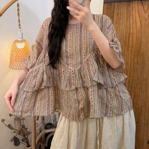 Double Layer Ramie Floral Doll Blouse