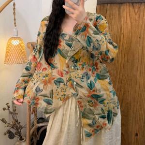 Asymmetrical Green Printed Ramie Blazer Blouse