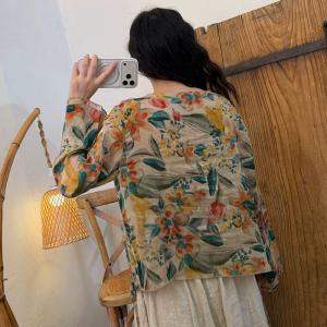 Asymmetrical Green Printed Ramie Blazer Blouse