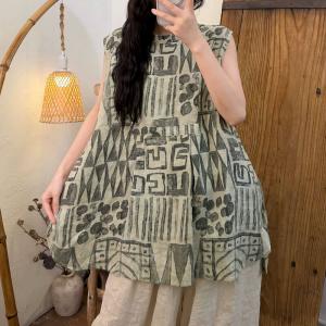 High-End Linen Artistic Patterns Sleeveless Tunic