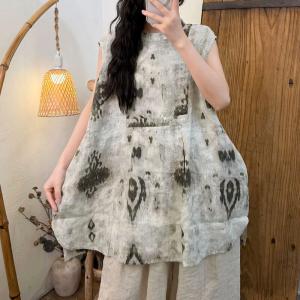 High-End Linen Artistic Patterns Sleeveless Tunic