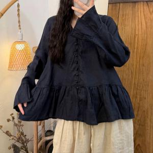 Lantern Sleeves Button Down Linen Blouse