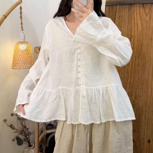Lantern Sleeves Button Down Linen Blouse