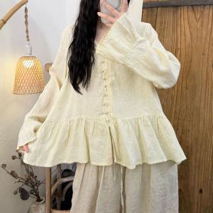 Lantern Sleeves Button Down Linen Blouse