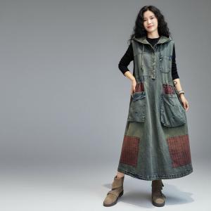 Red Patchwork Pockets Sleeveless Hooded Dress