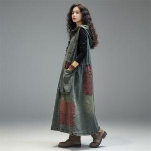 Red Patchwork Pockets Sleeveless Hooded Dress