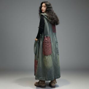 Red Patchwork Pockets Sleeveless Hooded Dress