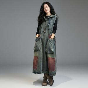 Red Patchwork Pockets Sleeveless Hooded Dress