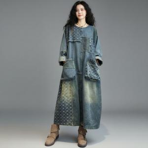 Fringed Patchwork Pockets Denim Loose Dress