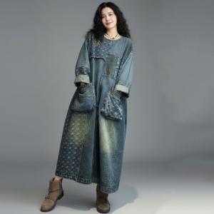 Fringed Patchwork Pockets Denim Loose Dress